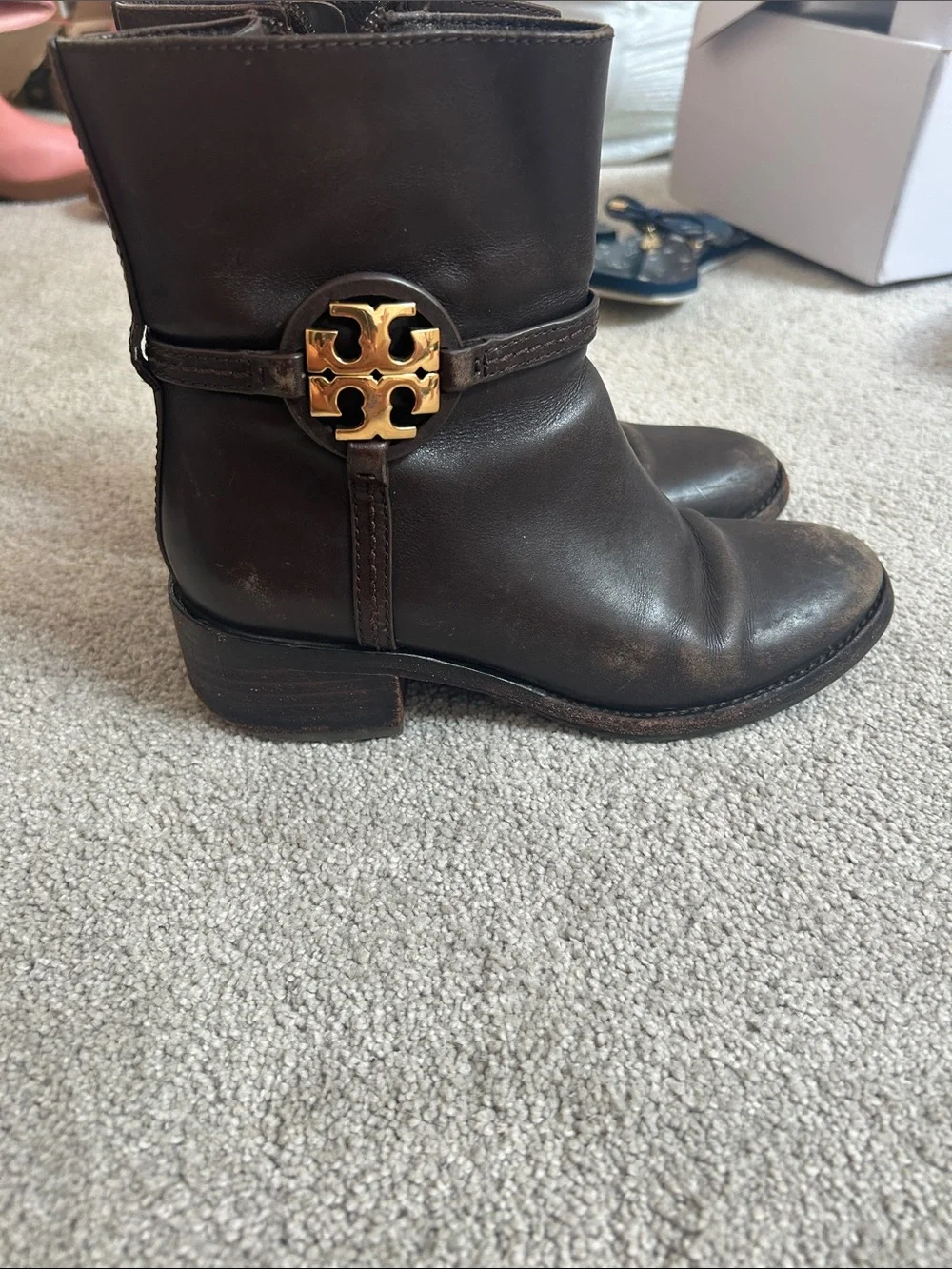 Tory Burch Dark Brown Leather Ankle Booties with Side Buckle